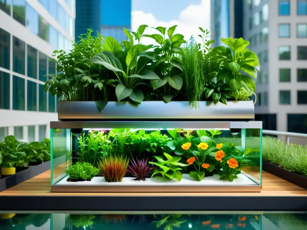 Un huerto acuapónico vertical urbano integrado en un entorno urbano, con vegetación exuberante y diseño innovador