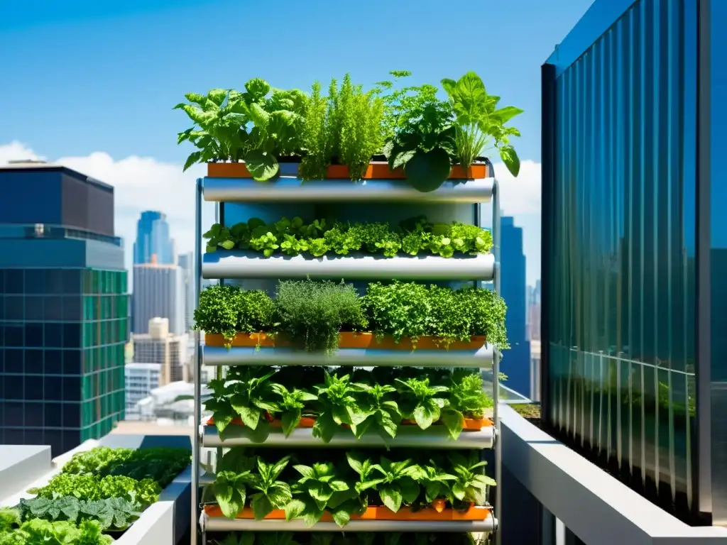 Un huerto acuapónico vertical urbano en la ciudad, con plantas exuberantes y verduras vibrantes, integrando naturaleza y modernidad