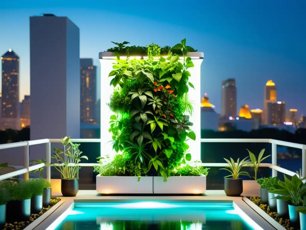 Un huerto acuapónico vertical urbano con diseño moderno y plantas exuberantes, iluminado por luces LED en una ciudad vibrante