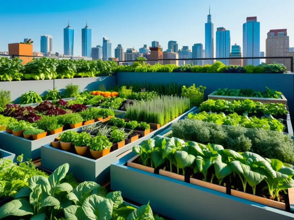 Un huerto en la azotea de una ciudad bulliciosa muestra diversidad, productividad y armonía entre la vida urbana y la naturaleza