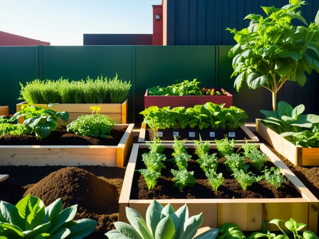 Un huerto en la azotea con composteras, plantas verdes y diversidad de frutas y verduras