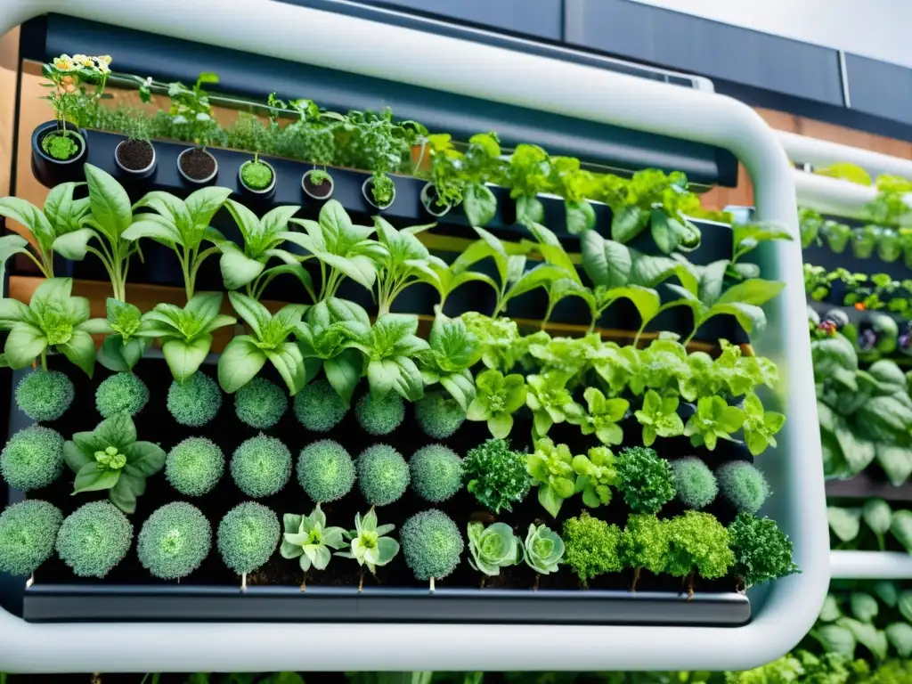 Un huerto en la azotea con tecnologías de cultivo automatizado, mostrando innovación y sostenibilidad en la agricultura urbana