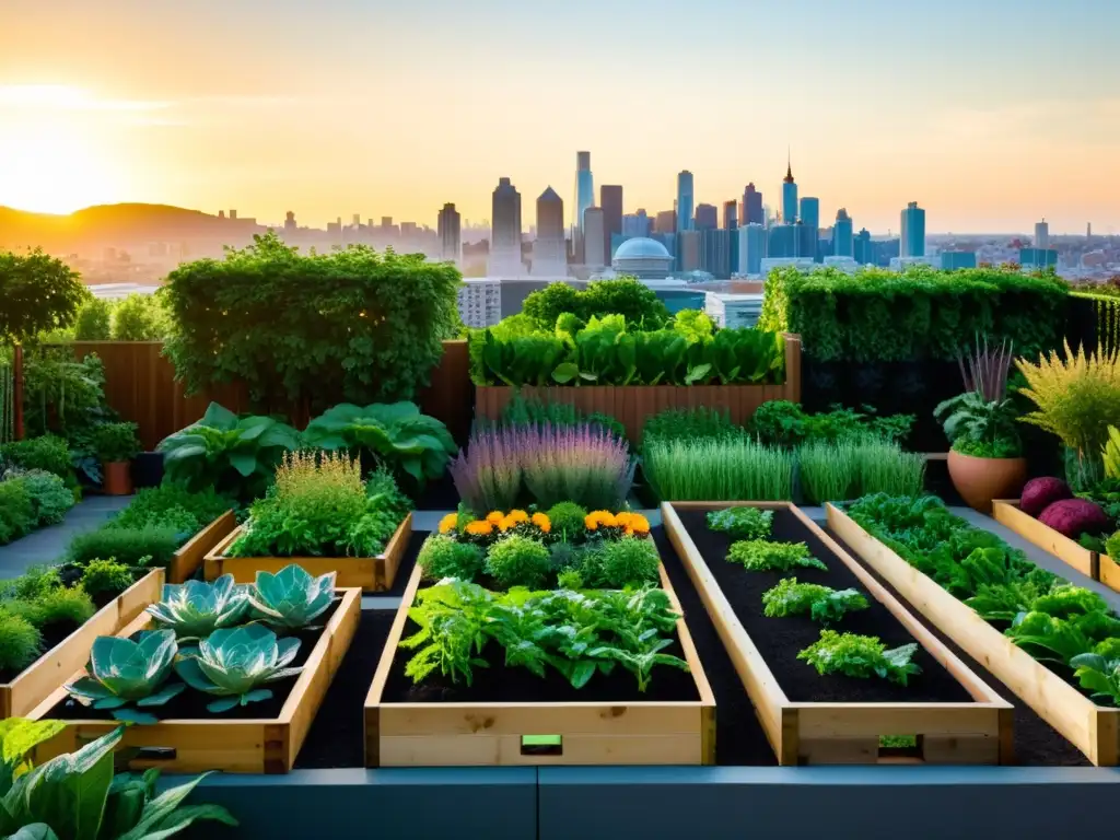 Un huerto urbano exuberante con frutas y verduras maduras, organizadas en camas elevadas y contenedores modernos