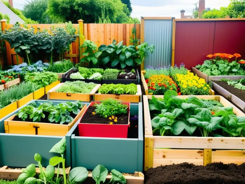 Un huerto urbano exuberante y vibrante con frutas, verduras y flores