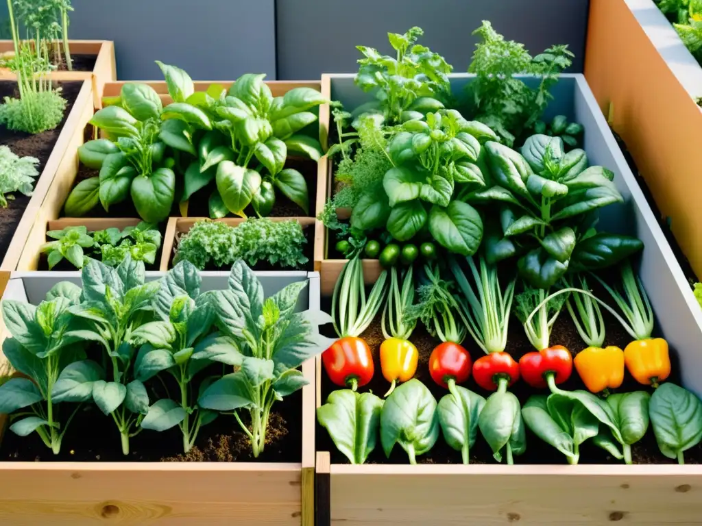 Un huerto urbano innovador rebosante de vegetales coloridos y saludables, bañado por cálida luz solar