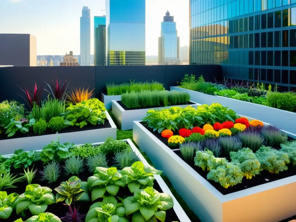 Un huerto urbano innovador con vegetales y hierbas coloridos, rodeado de arquitectura moderna