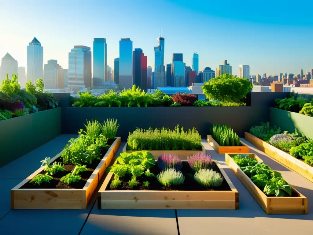 Un huerto urbano innovador con verduras y hierbas coloridas en camas elevadas