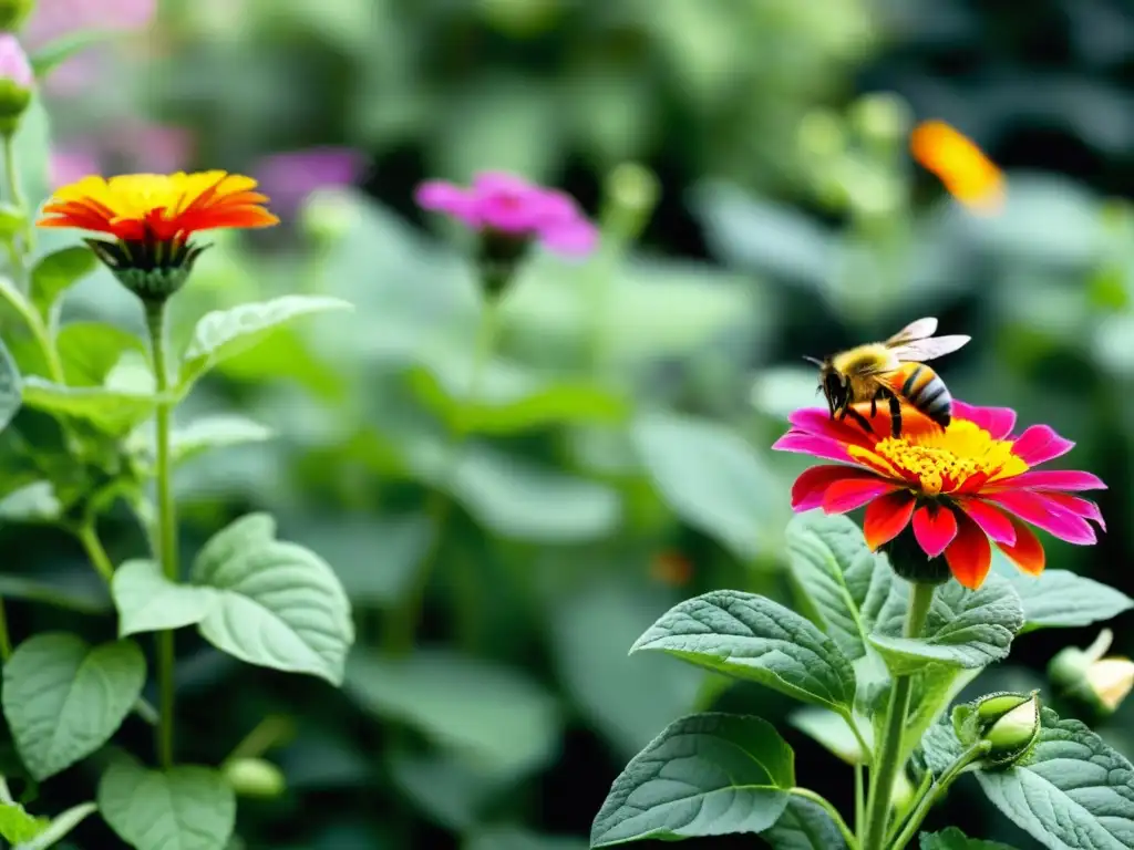 Huerto urbano mixto con vibrantes flores y exuberantes vegetales, atrayendo abejas y mariposas para una polinización óptima