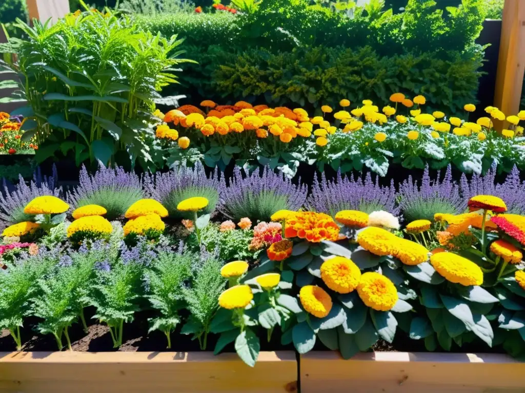 Huerto urbano con plantas repelentes de plagas en un entorno natural vibrante y lleno de vida con maravillosos detalles en 8k