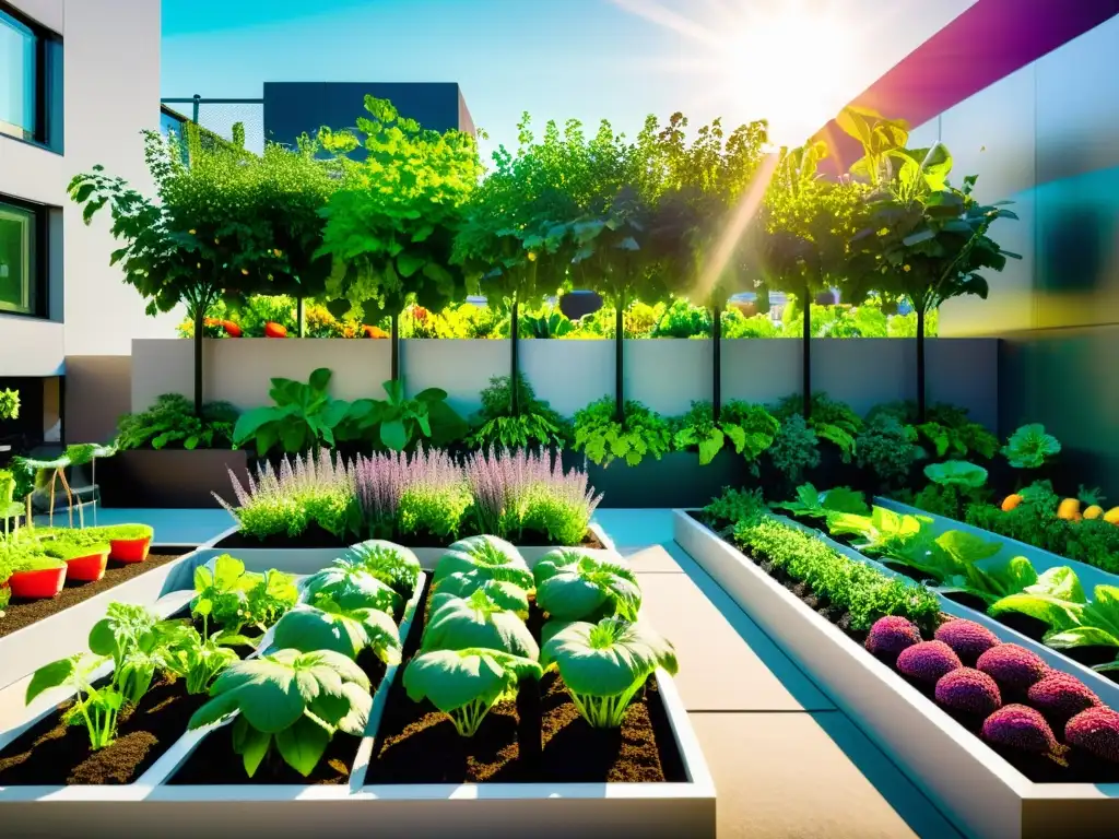 Un huerto urbano próspero y moderno, con vegetales y frutas vibrantes, organizado y automatizado