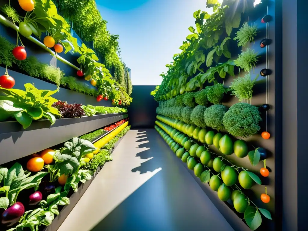 Un huerto urbano rebosante de frutas y verduras frescas y vibrantes, bañado por la luz del sol