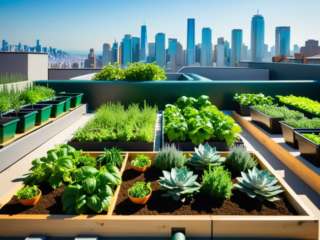 Un huerto urbano con sistemas de riego eficientes en azotea, cultivando frutas y verduras vibrantes en armonía con la ciudad