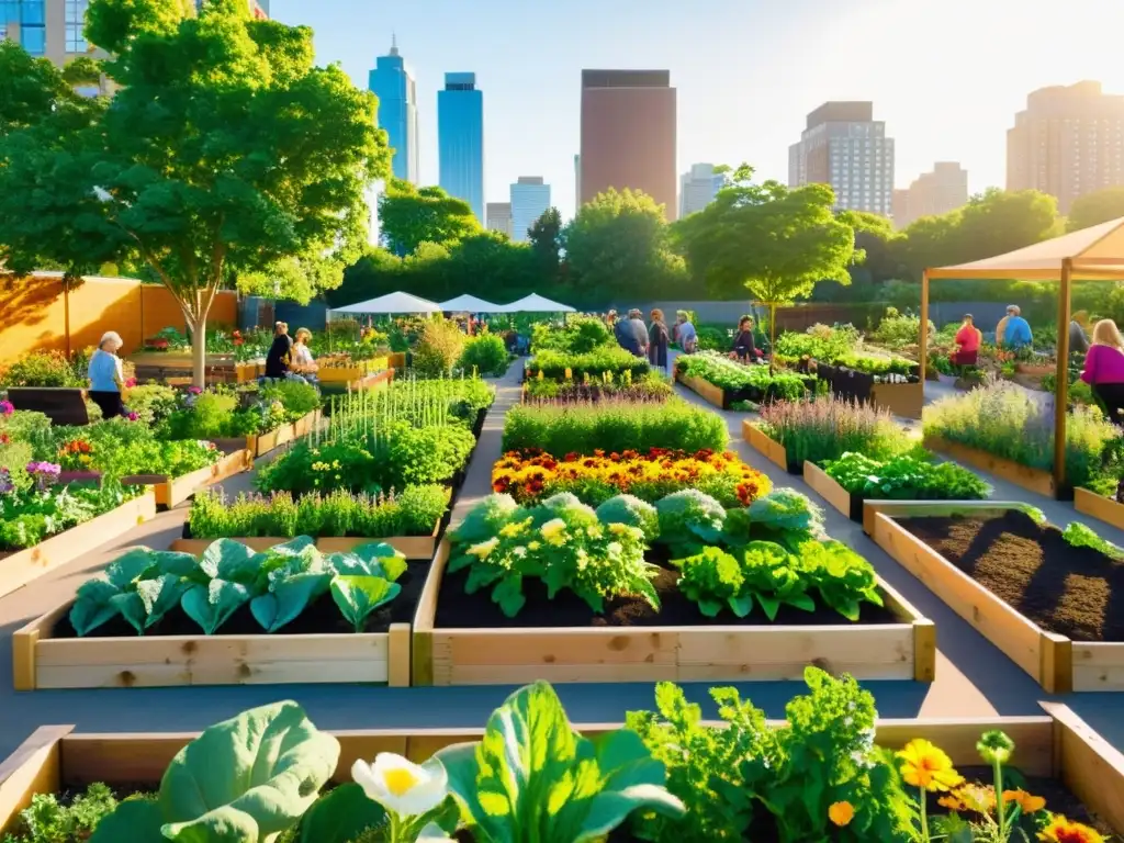 Un huerto urbano sostenible alimenta comunidades en un vibrante jardín comunitario, donde la naturaleza y la vida urbana se unen en armonía