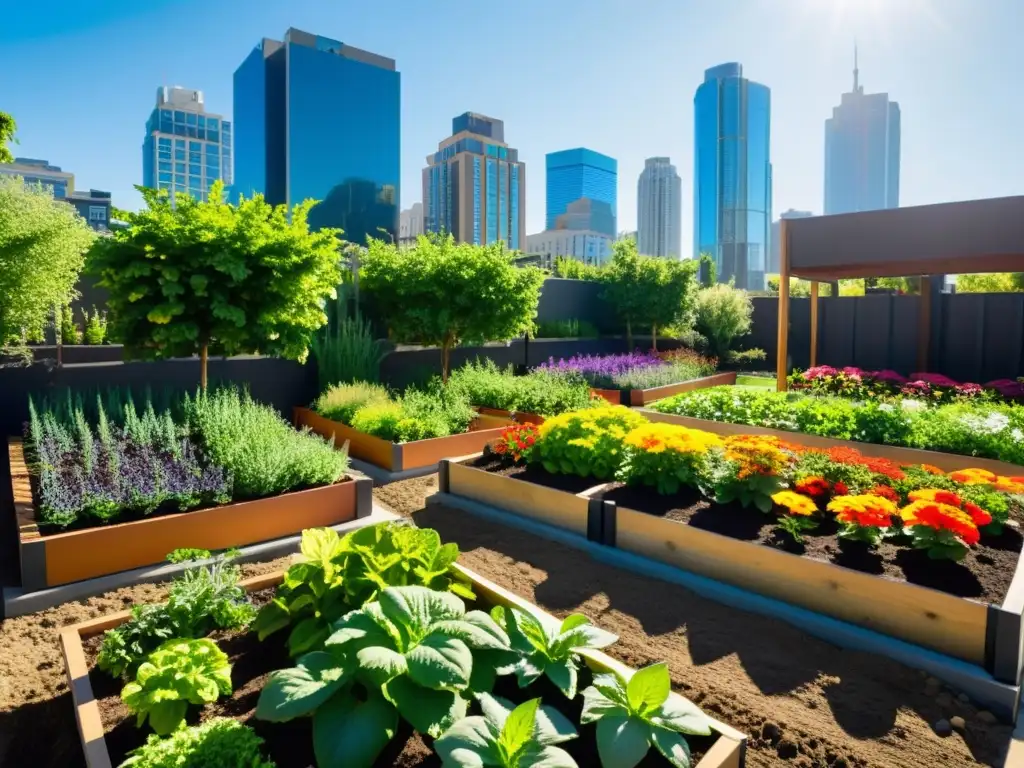 Huerto urbano tecnológico con plantas vibrantes y coloridas, irrigación precisa y edificios modernos de fondo