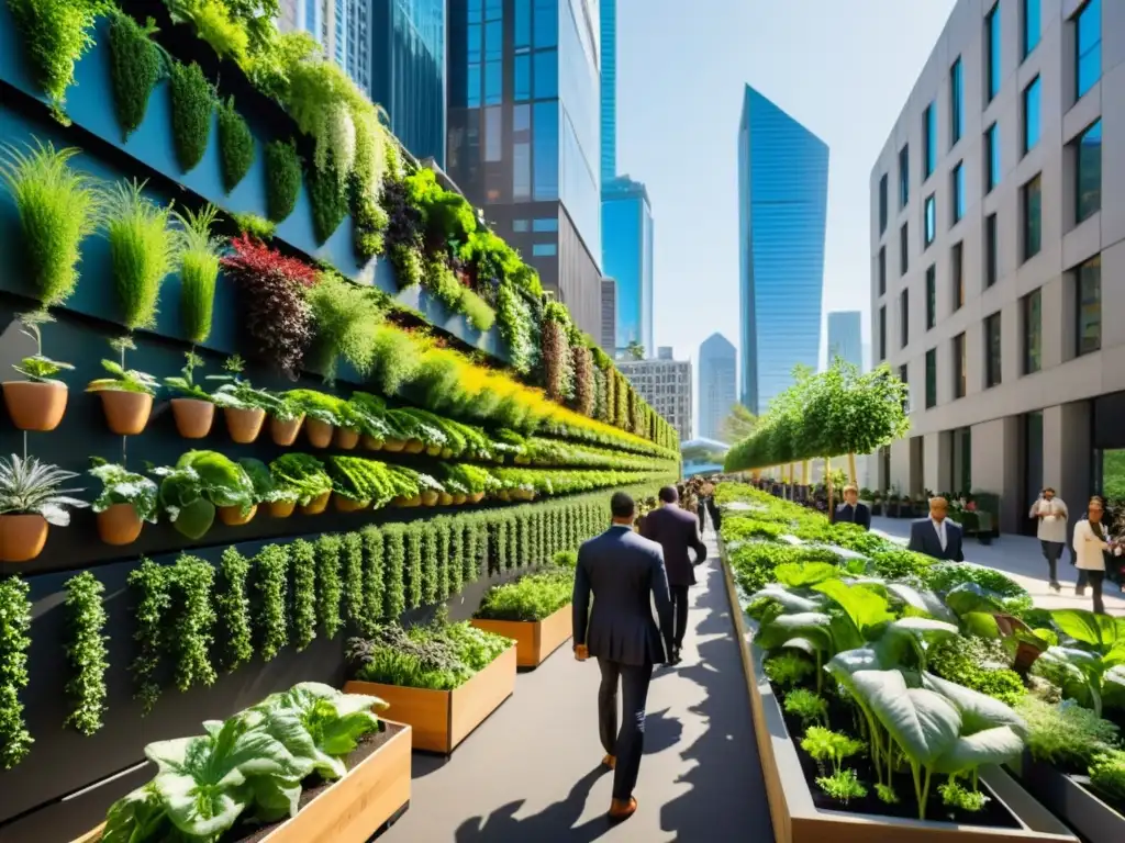 Huerto urbano vertical con vegetación exuberante, iluminado por el sol entre rascacielos