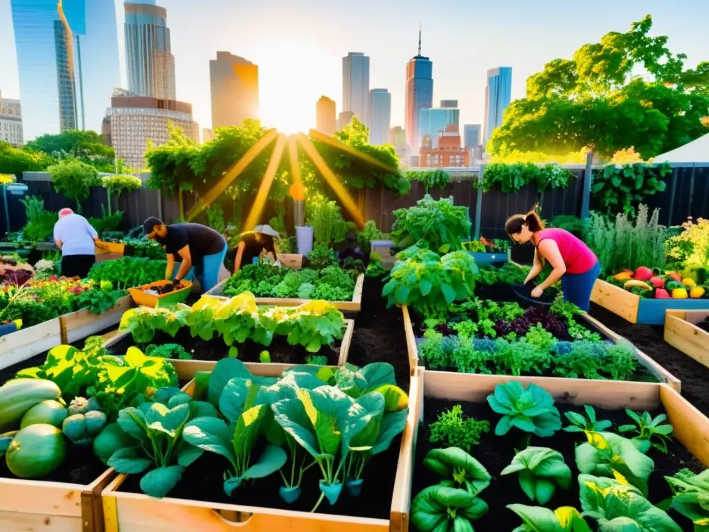 Un huerto urbano vibrante y bullicioso donde la comunidad cultiva frutas, verduras y flores