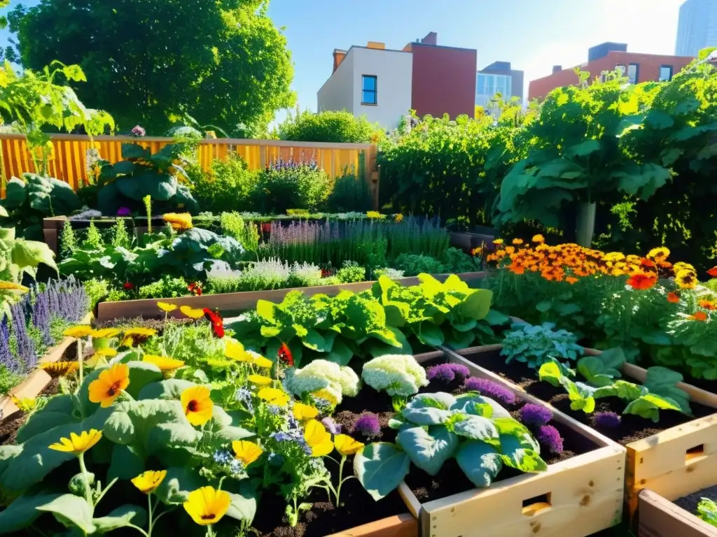 Huerto urbano vibrante con diversidad de plantas, abejas y mariposas para polinización óptima