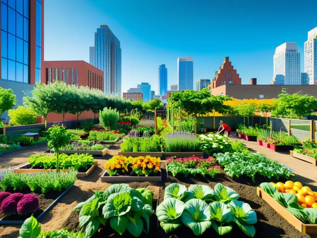 Un huerto urbano vibrante y diverso, con personas de todas las edades y fondos participando activamente, destacando los beneficios de salud mental de la jardinería comunitaria