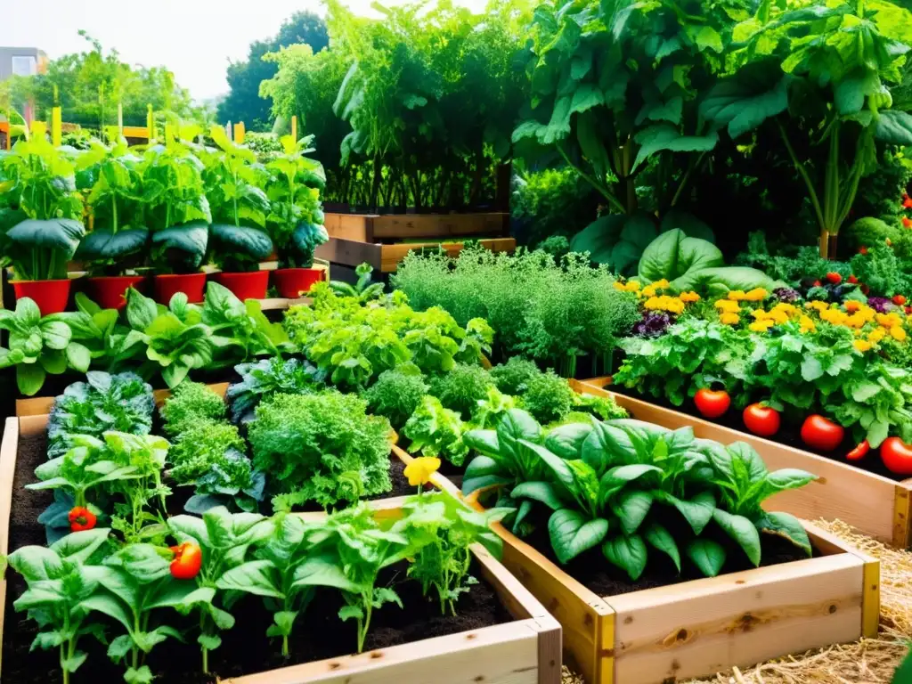 Un huerto urbano vibrante y exuberante, lleno de verduras y hierbas coloridas, bañado por la cálido sol