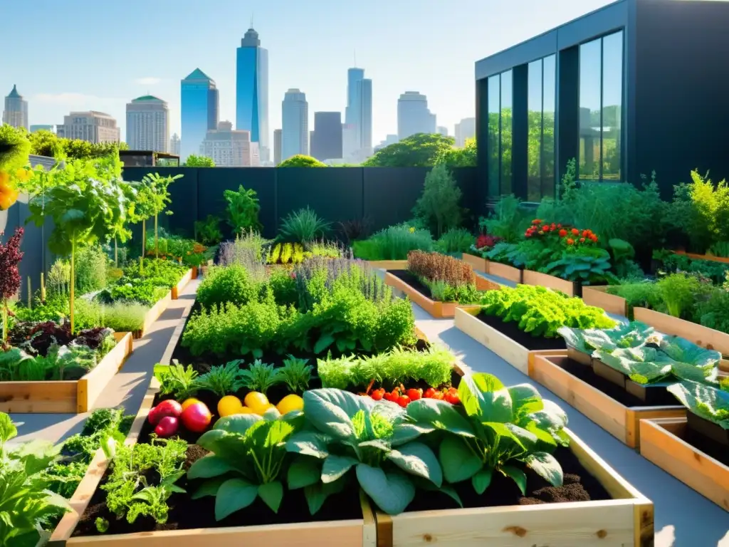 Un huerto urbano vibrante y moderno con frutas, verduras y hierbas coloridas en camas elevadas