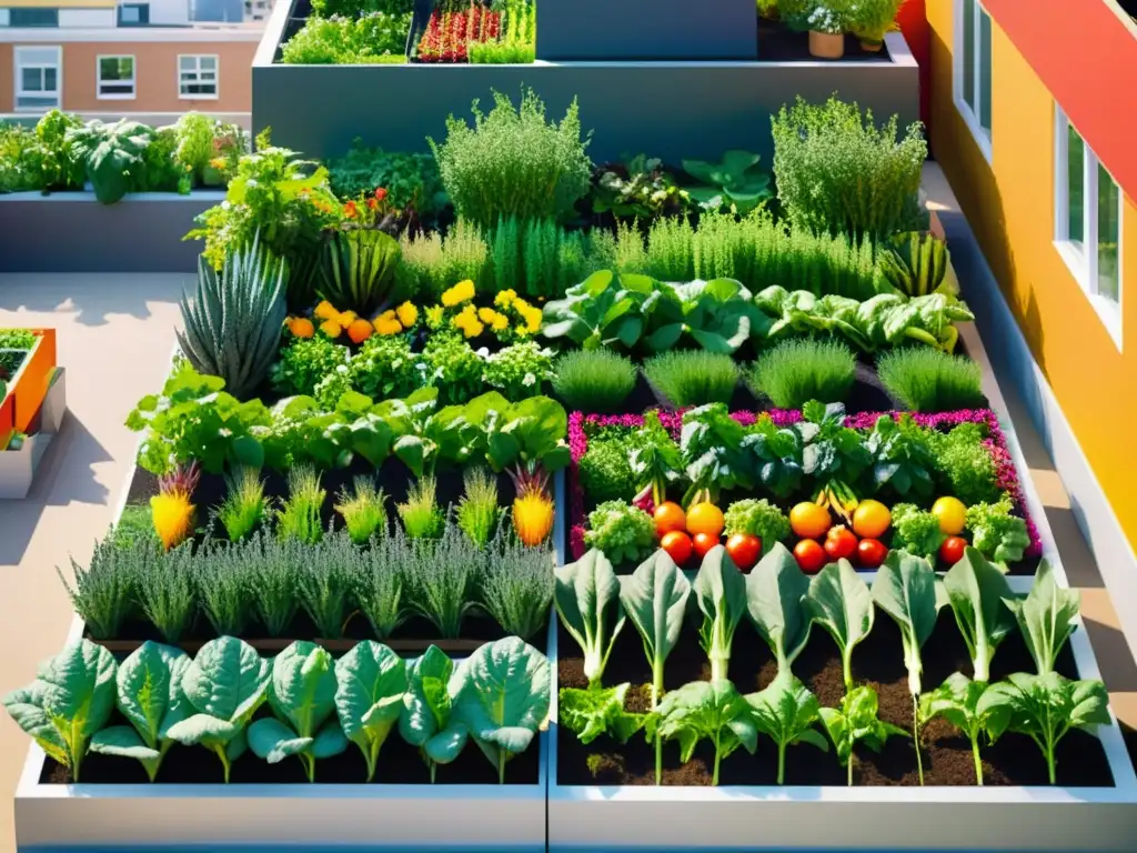 Un huerto urbano vibrante y moderno en la azotea, lleno de vegetales y frutas coloridos