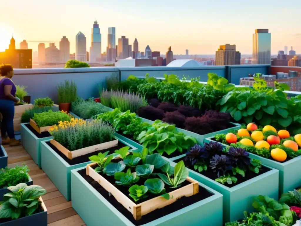 Un huerto urbano vibrante y moderno con una variedad de frutas, verduras y hierbas, donde la comunidad se une en un proyecto de jardinería