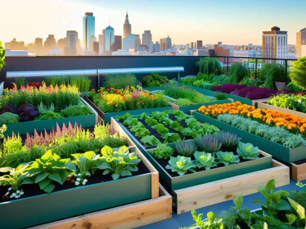 Un huerto urbano vibrante y moderno con vegetales y flores coloridas, mostrando estrategias de huertos urbanos adaptados al clima