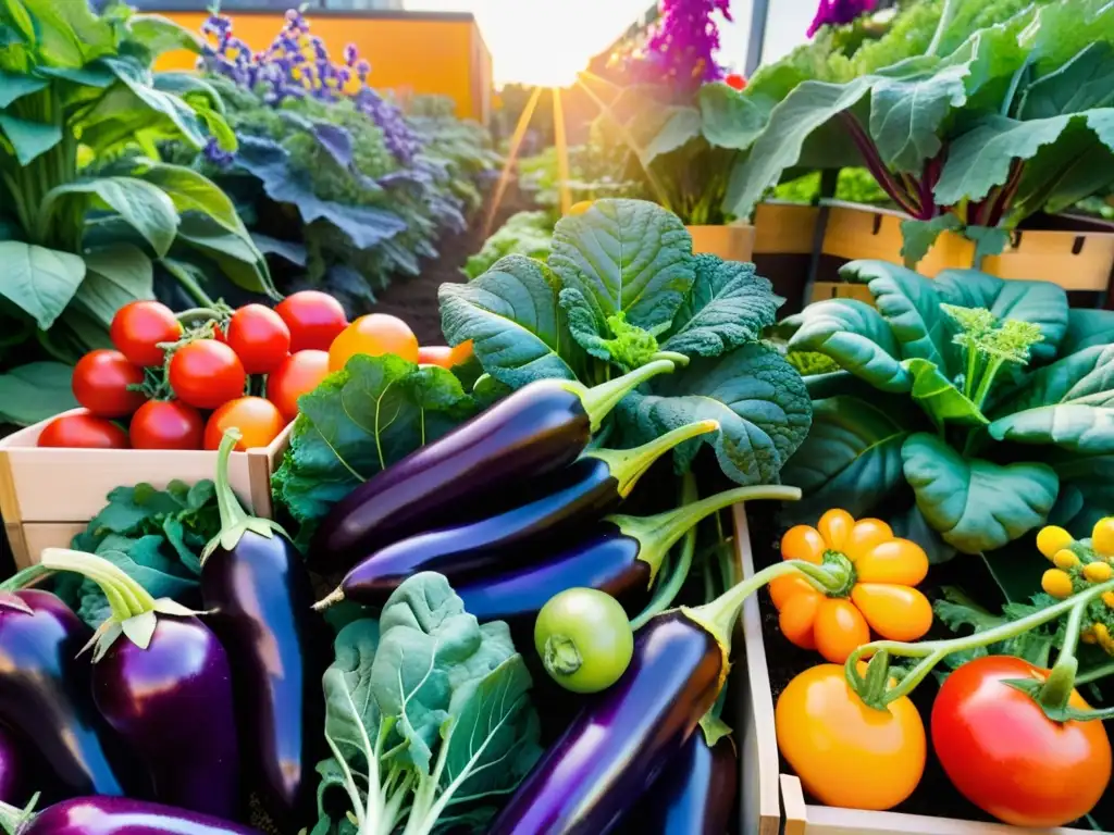 Un huerto urbano vibrante rebosante de frutas y verduras coloridas, con el sol iluminando las plantas exuberantes