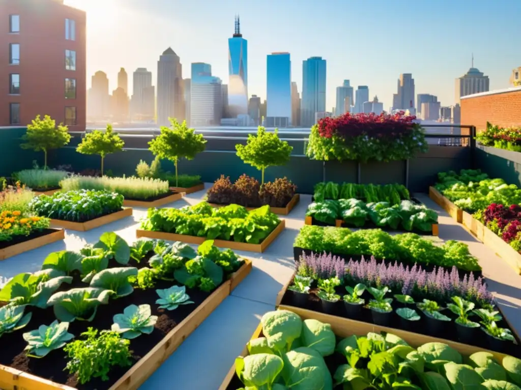 Un huerto urbano vibrante con verduras, flores y árboles frutales, donde la comunidad cultiva alimentos orgánicos