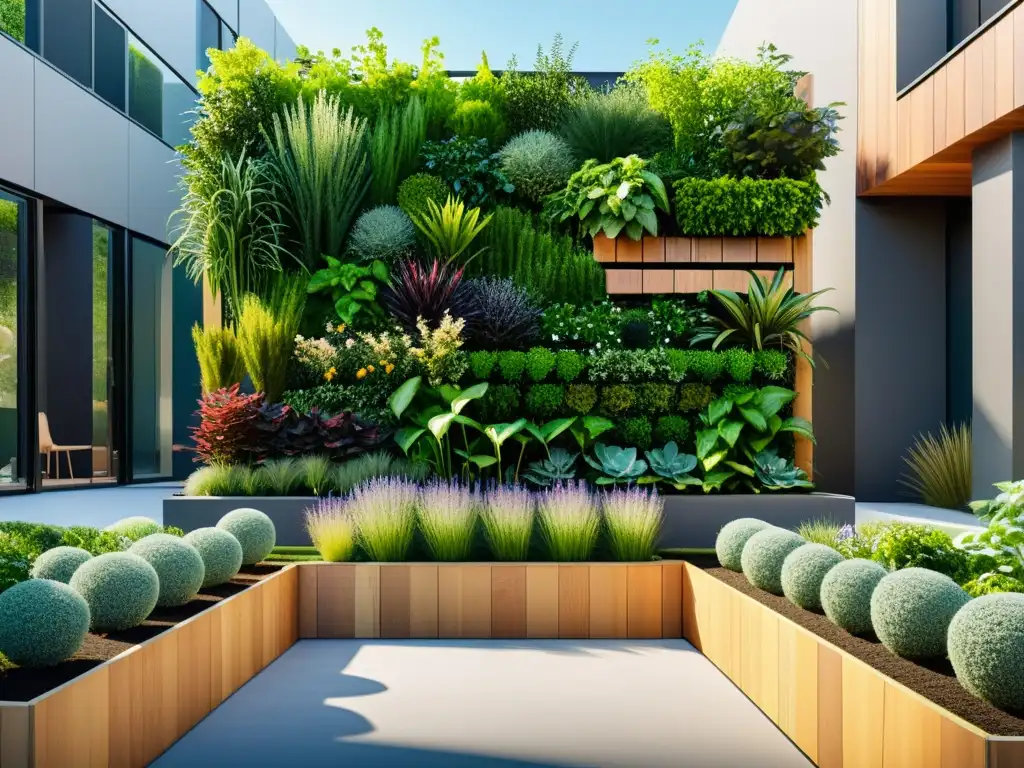 Un huerto vertical accesible para personas con diseño contemporáneo y vegetación exuberante