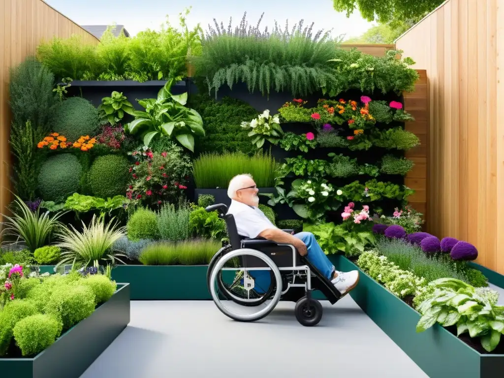 Huerto vertical accesible para personas con diseño inclusivo y abundante vegetación