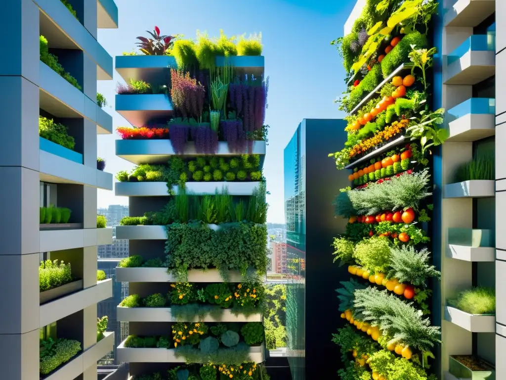 Un huerto vertical de agricultura urbana florece en un edificio urbano, mostrando innovación y belleza natural