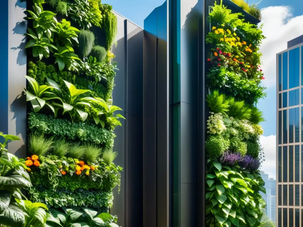 Un huerto vertical para agricultura urbana, un oasis verde en medio de la ciudad bulliciosa, con plantas exuberantes y luz cálida