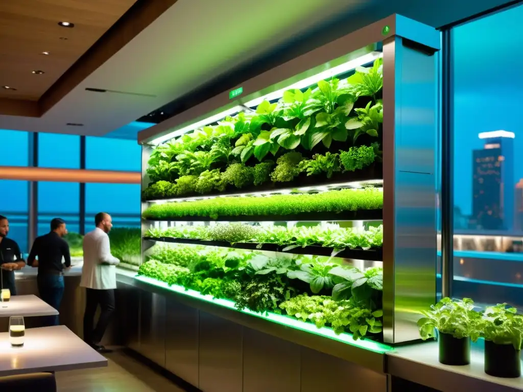 Un huerto vertical de alta tecnología iluminado con luz ambiental en un restaurante elegante