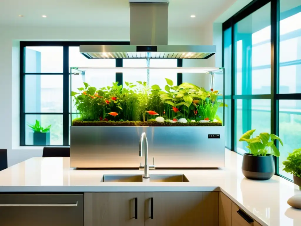 Un huerto vertical para apartamentos, moderno y sostenible, con acuarios de cristal y plantas exuberantes, en una cocina contemporánea luminosa