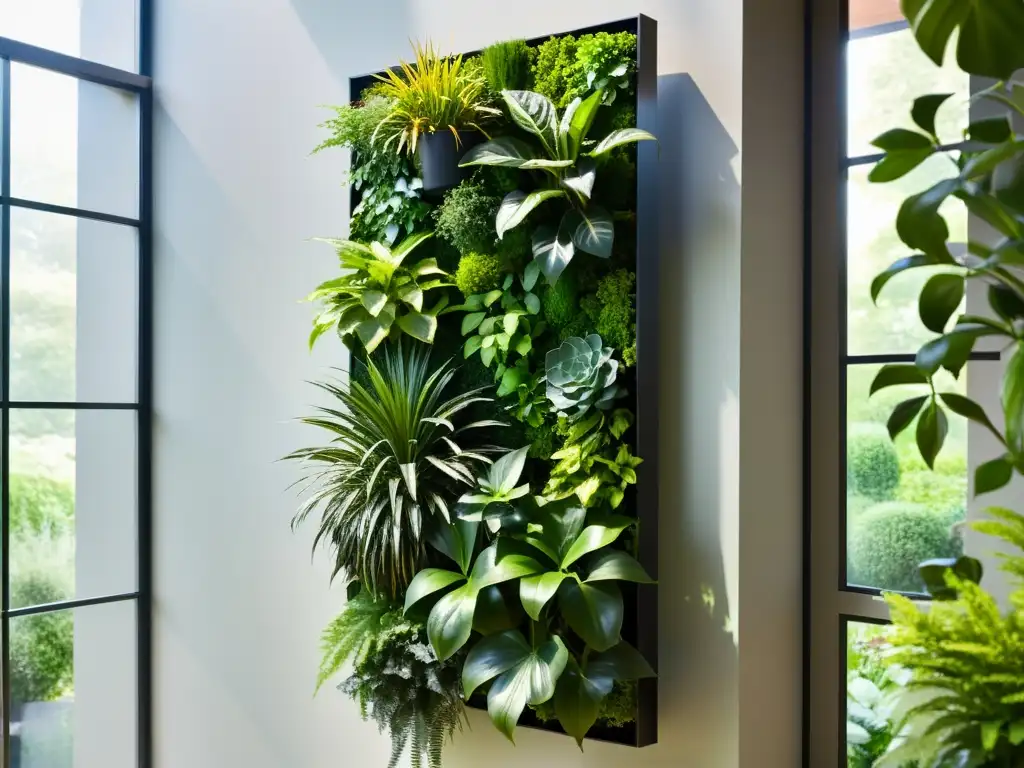 Huerto vertical para apartamentos: jardín moderno con plantas verdes vibrantes en estructura metálica, bañado por cálida luz natural