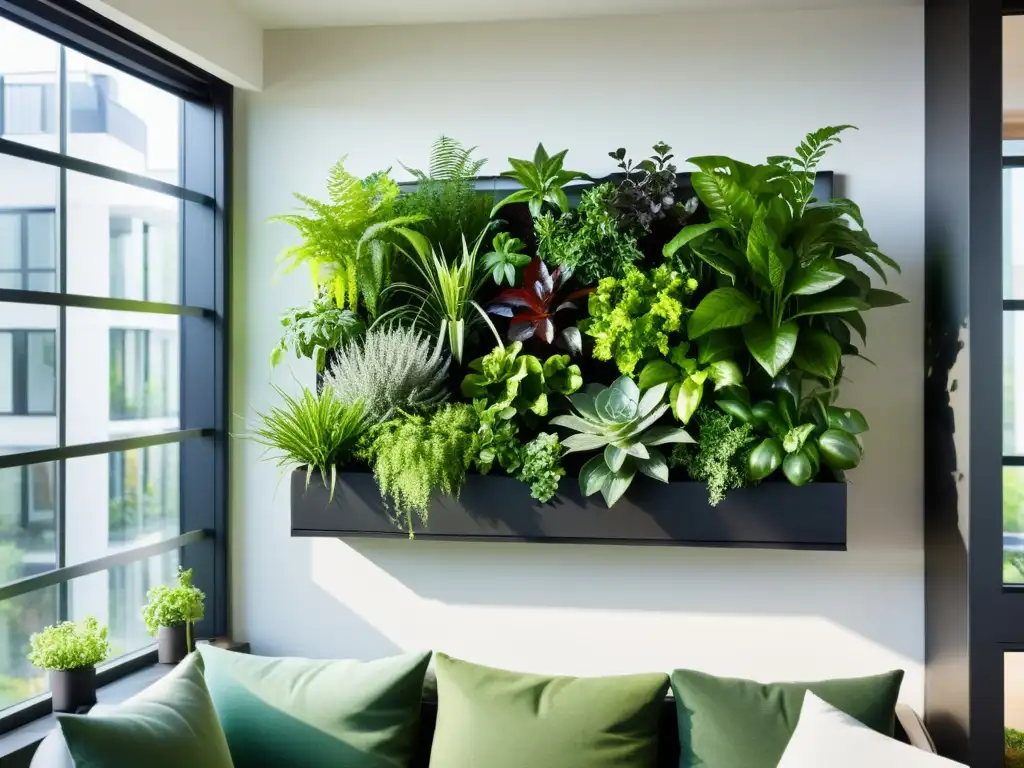 Un huerto vertical para apartamentos con plantas vibrantes en macetas apiladas, bañado por la cálida luz del sol