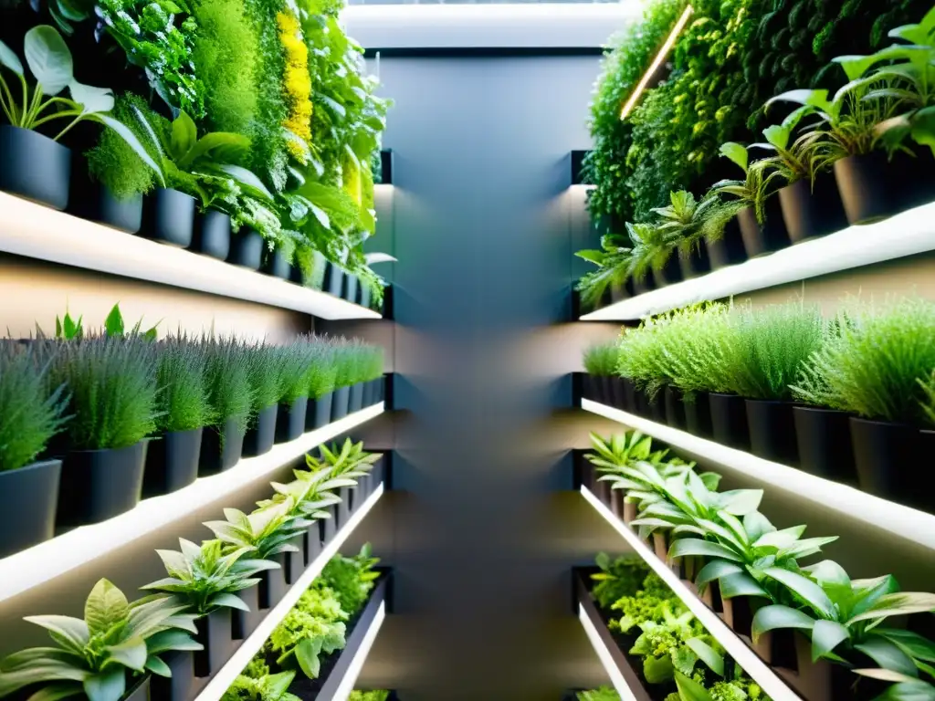 Un huerto vertical automatizado con plantas exuberantes y diseño moderno