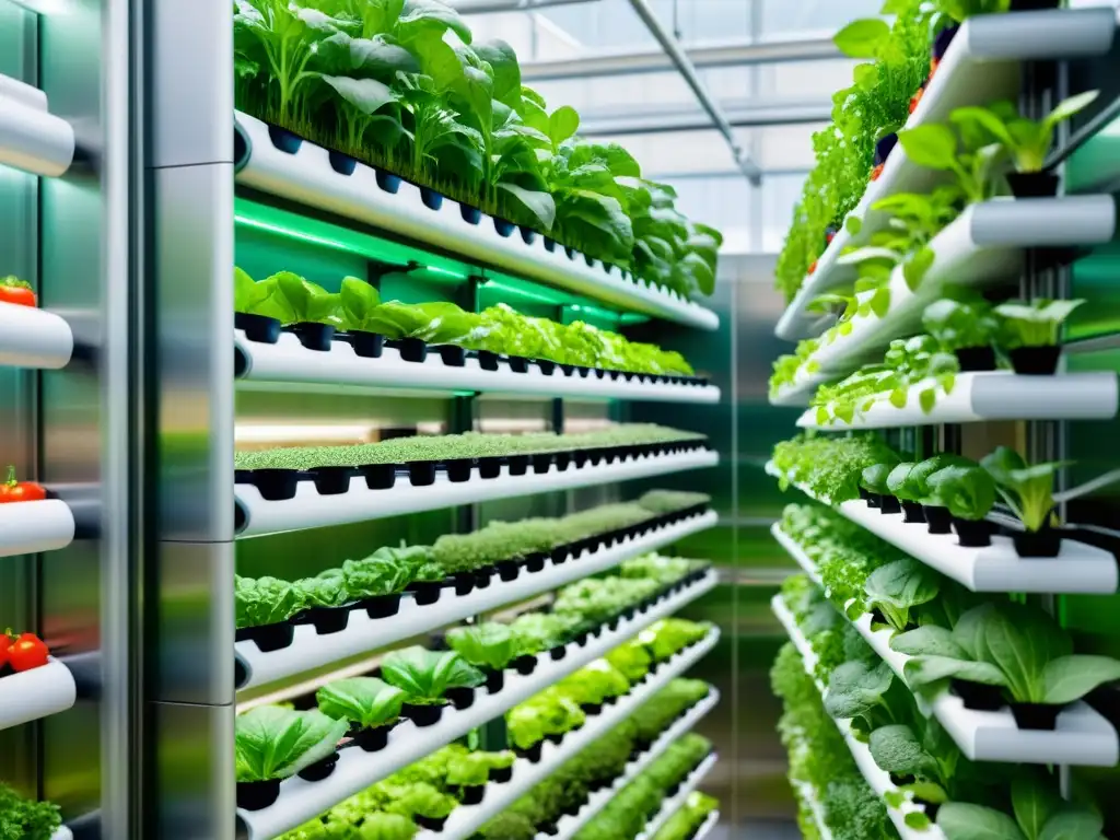 Un huerto vertical automatizado con tecnología de vanguardia, rebosante de vegetales y hierbas