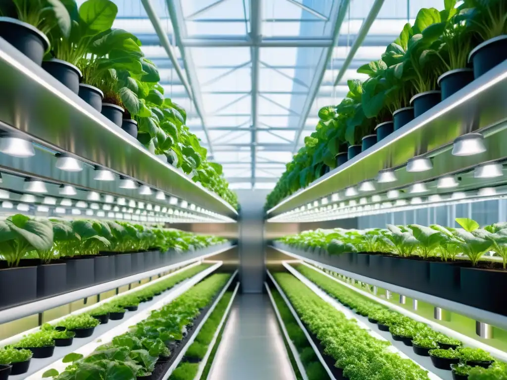 Un huerto vertical de diseño futurista con sistemas acuapónicos y una exuberante vegetación, reflejo de la agricultura urbana sostenible