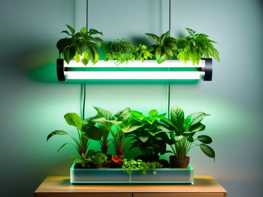 Construcción sistema acuaponía huerto vertical con diseño innovador, acuario acrílico, plantas exuberantes y luces LED suaves