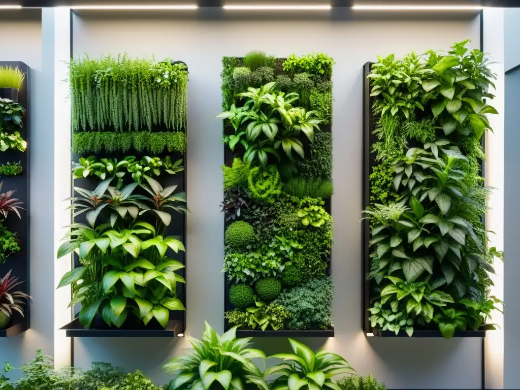 Un huerto vertical en una elegante ambientación urbana, muestra el crecimiento de las plantas desde semillas hasta la cosecha