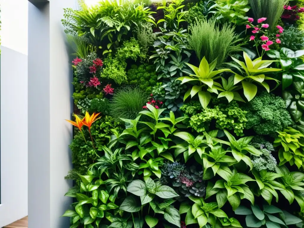 Un huerto vertical para alimentación y estética, con una exuberante variedad de plantas verdes en un diseño moderno y vibrante