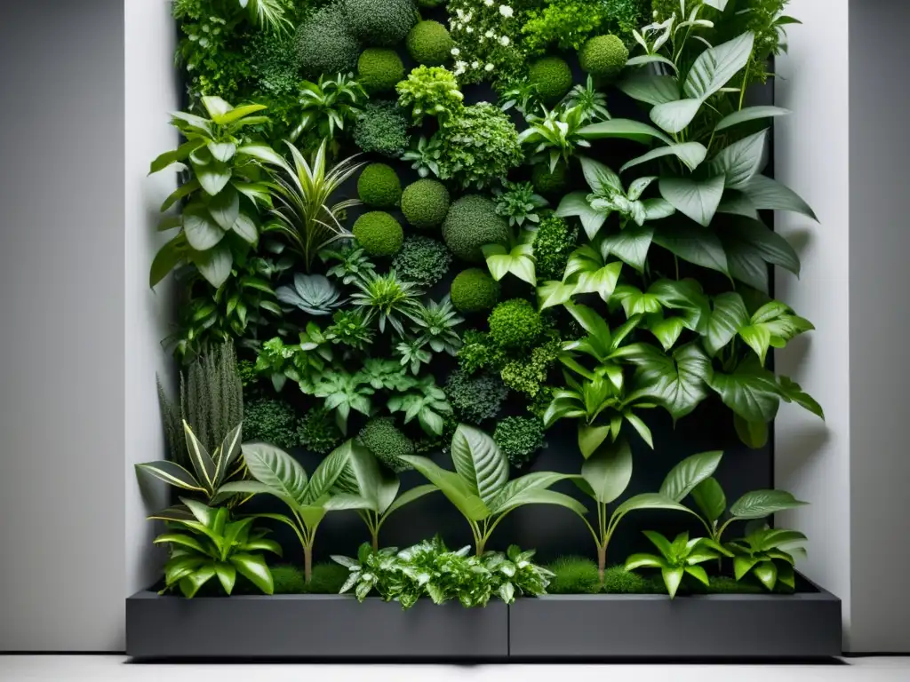 'Un huerto vertical para alimentación y estética, con plantas exuberantes en patrones geométricos