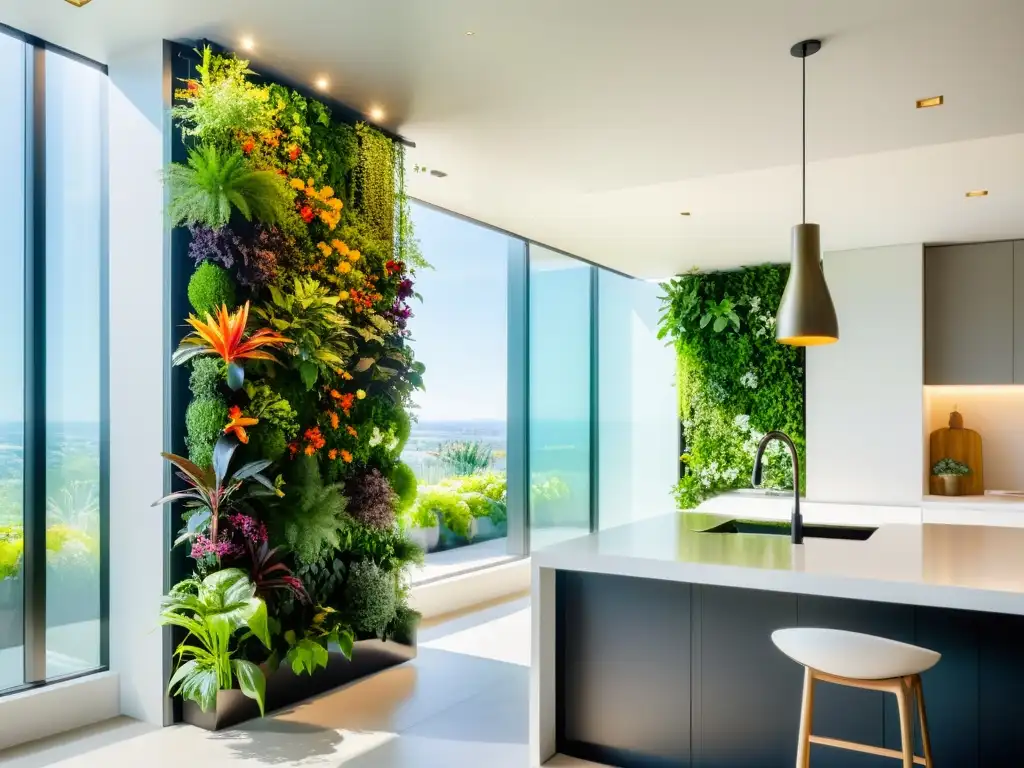 Un huerto vertical para alimentación y estética, con plantas exuberantes y diseño contemporáneo, en un espacio moderno y soleado