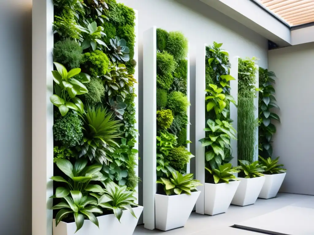 Un huerto vertical para alimentación y estética, con plantas verdes vibrantes y diseño geométrico, en un entorno moderno y tranquilo