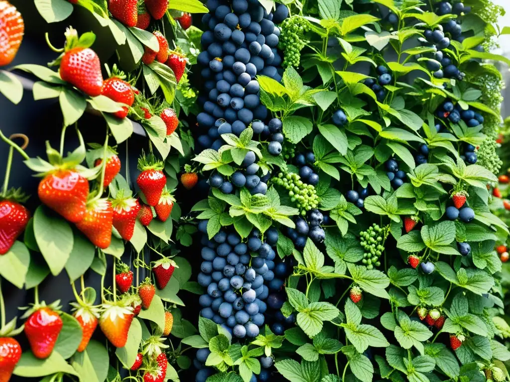 Un huerto vertical exuberante con frutas maduras como fresas, frambuesas y arándanos, listo para fermentar frutas en huertos verticales