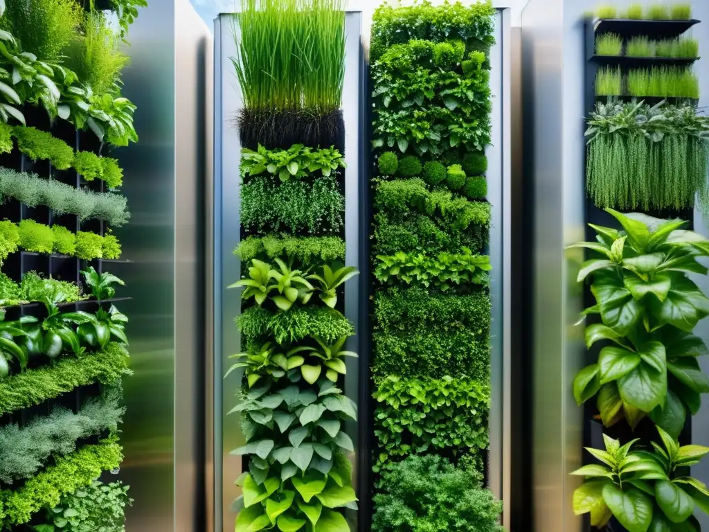 Un huerto vertical exuberante con reciclaje de agua, armonizando tecnología y naturaleza en agricultura sostenible