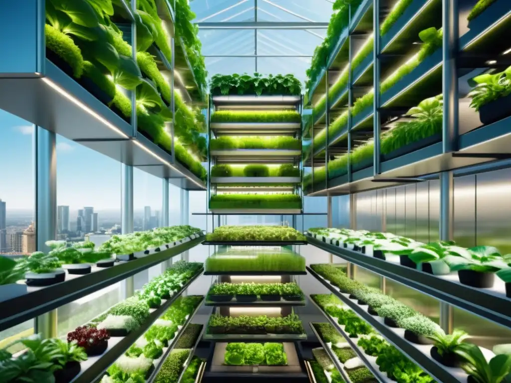 Un huerto vertical futurista en la ciudad, con tecnología avanzada y exuberante vegetación