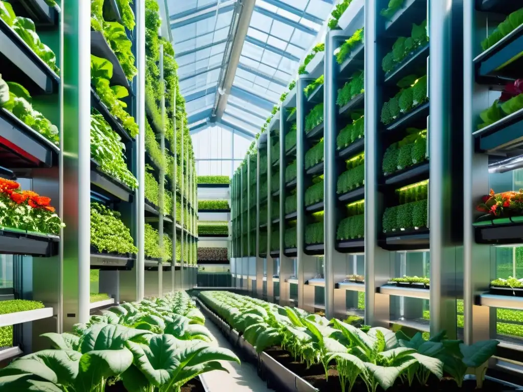 Un huerto vertical futurista con vegetación exuberante y tecnología agrícola de vanguardia, bañado en luz natural